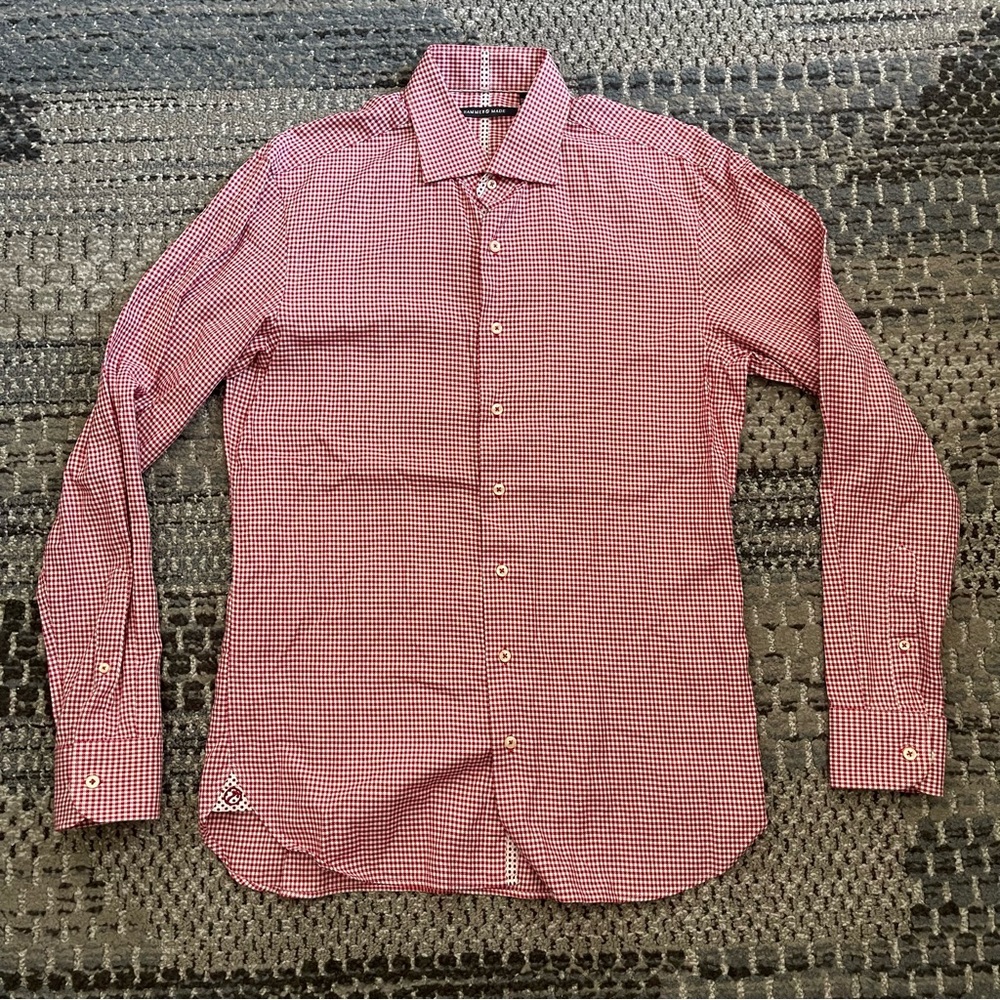 Hammer Made Slim Fit Long Sleeve Button Down Shirt, Red White Checker, Neck 16